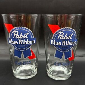 Pabst Blue Ribbon PBR Beer Pint Glass Set of 2 Est 1844 Logo 16oz Barware Clear